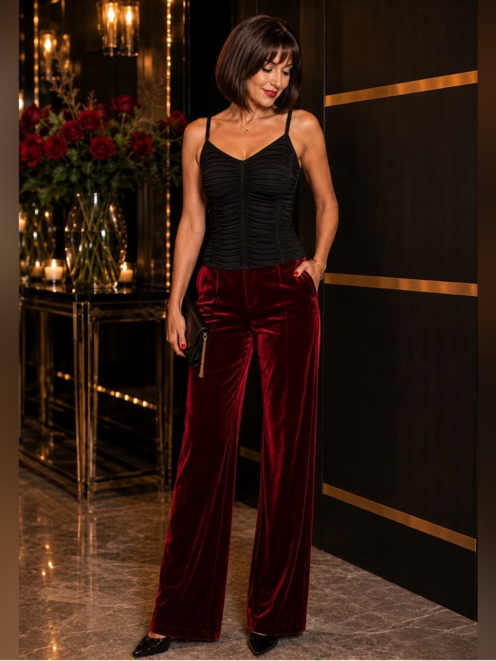 NWT WHITE HOUSE BLACK MARKET Luna Wide Leg Classic Size 10 Red Velvet - Picture 1 of 8